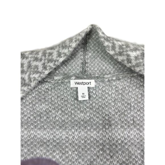 Westport Fuzzy Cardigan Sweater Sz Medium Gray White Fair Isle Long Fit Open - Picture 3 of 6